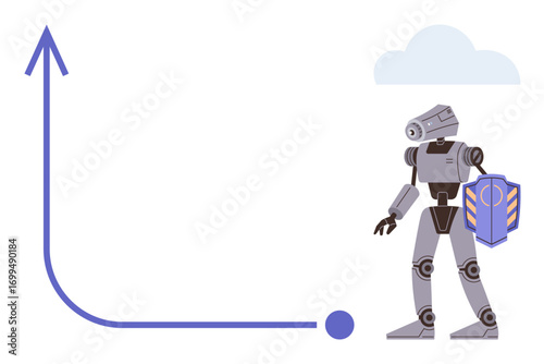 Robot holding shield beside upward graph arrow and cloud, symbolizing progress, data protection, AI innovation. Ideal for technology, security, growth, future, AI progress simple flat metaphor
