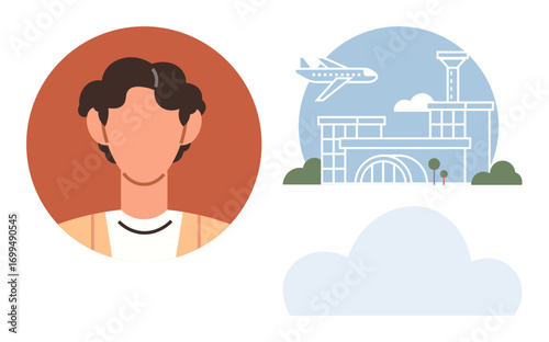 Portrait of a traveler with short wavy hair next to an airport, airplane in flight, trees, and clouds. Ideal for travel, tourism, aviation, vacation journey globalization exploration. Simple flat