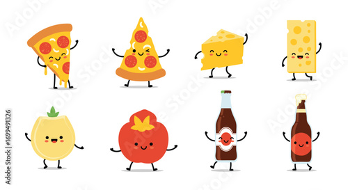 Cute cartoon food characters dancing together featuring pizza cheese and beverages