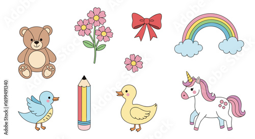 Charming stitched illustrations of a teddy bear a bird a duckling a pencil flowers a bow and a rainbow with a unicorn