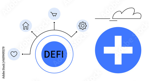 DEFI hub connected to icons for home, shopping, heart, and gear, symbolizing digital finance and services. Ideal for finance, technology, innovation, networking usability blockchain simple flat