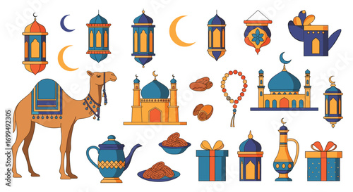 Colorful ramadan decorations and symbols with camel mosques and lanterns for festive celebrations