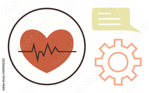 Heart with ECG line represents health monitoring paired with a gear and chat bubble symbolizing functionality, support, and dialogue. Ideal for healthcare, technology, collaboration, wellness