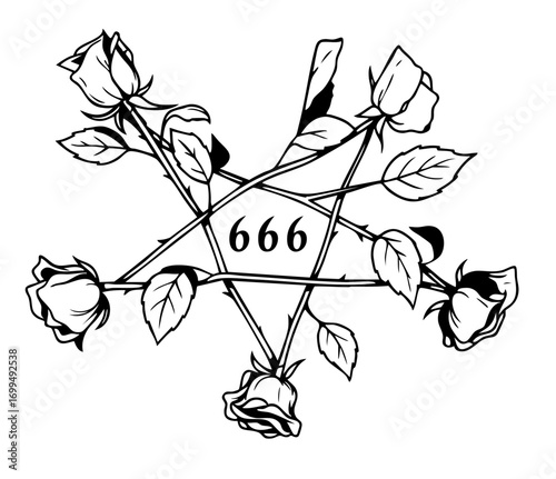 Occult pentagram with roses and number 666, mystic black magic ritual and gothic esoteric symbol for dark spirituality and witchcraft concepts