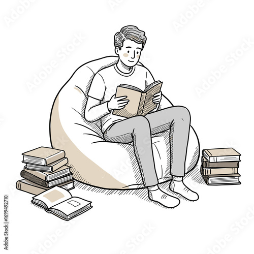 Person reading on beanbag with books scattered around, hand-drawn vector illustration in relaxed sketch style, learning theme, white background, with copy space