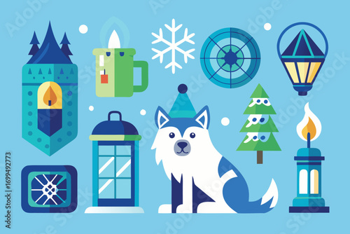 Cute husky dog with winter decorations and lanterns