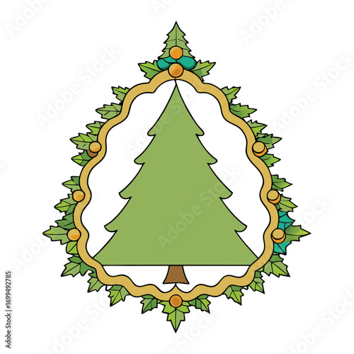 A festive fir tree decorative frame, adorned with pine branches, ornaments, and subtle lights, perfect for adding a warm, holiday touch to any design or photo.

