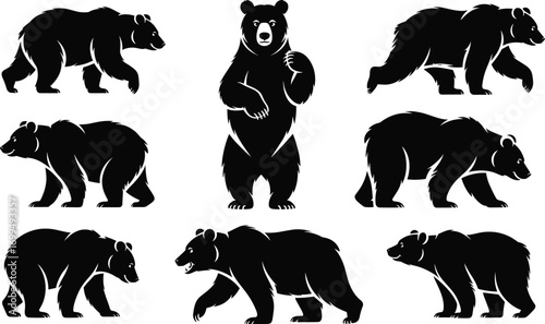 Black silhouette bears in various poses, wild animal vector, bear walking, standing, roaring, nature wildlife illustration, forest predator art