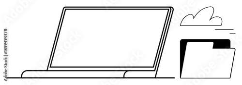 Minimal laptop, cloud, and file folder convey data transfer, cloud storage, and productivity. Ideal for technology, communication, remote work, data management accessibility file sharing simple