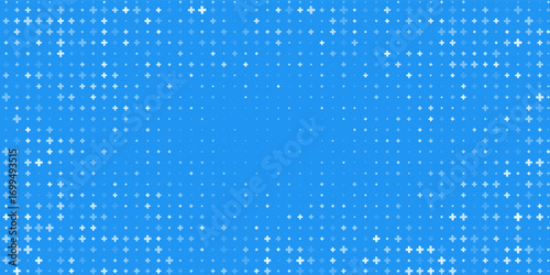Seamless background pattern of evenly spaced white plus symbols of different sizes and opacity. Vector illustration on blue background Eps10