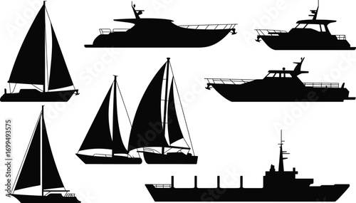 Boat and yacht silhouettes, sailing vessels, luxury yachts, sailboats, marine transportation, cargo ship, nautical design, watercraft icons, ocean vessels, sailing boats vector