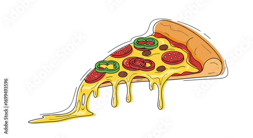 Delicious cheesy pepperoni jalape�o pizza slice dripping melted cheese with a hand drawn effect and dotted outline