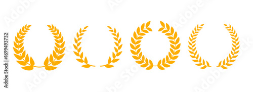 Golden laurel wreath collection. Gold circle winner trophy decor elements for award banner, emblem, label, badge. Retro Greek triumph ornament pack. Vector vintage round branches with olive leaves set