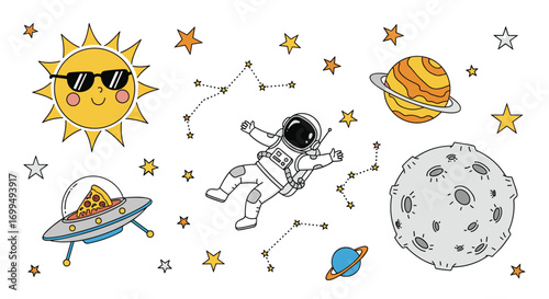 Whimsical cosmic adventure with a cool sun and adorable astronaut floating among stars and planets