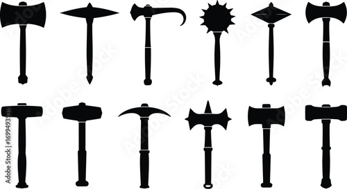 Medieval black silhouette war hammers and axes collection, vintage weapons icons, battle tools, hand weapons, medieval warfare, steel, combat