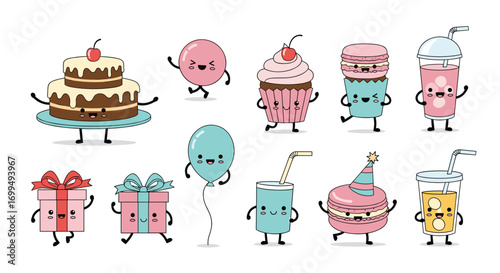 Collection of adorable cartoon sweet treats and celebration items with happy faces