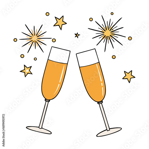 Golden champagne bubbles rise in elegant glasses, a bottle nearby ready to pour, capturing the sparkle, joy, and celebration of New Year’s Eve in timeless style.
