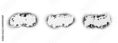 Black stippled paint brush shape set. Dotted aerosol particles and grainy banner collection. Rough noise stencil stains and spots bundle. Grunge dusty sand texture frame or border pack. Vector