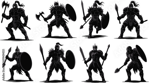 Medieval warriors in armor, holding weapons, shields, helmets with plume, battle-ready poses, ancient combat, knight silhouettes, fantasy warriors, heroic characters.
