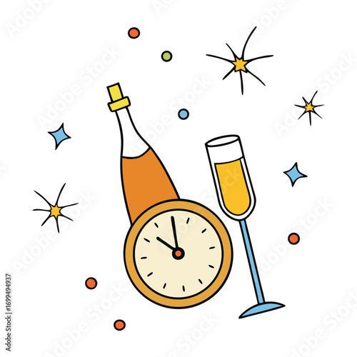 Golden champagne bubbles rise in elegant glasses, a bottle nearby ready to pour, capturing the sparkle, joy, and celebration of New Year’s Eve in timeless style.

