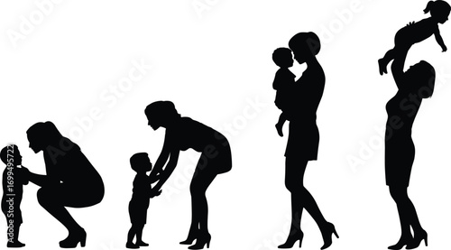 Silhouette of mother with child in various poses, parenting moments, maternal care, love and bonding illustration, black vector design