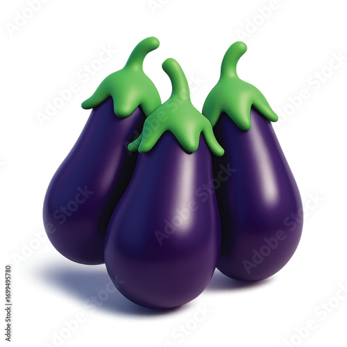 Three vibrant purple eggplants with green stems, arranged closely together against a white background.