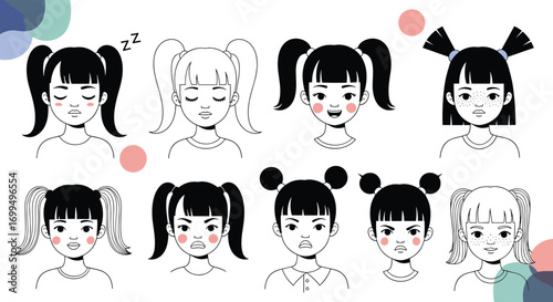 Collection of diverse expressive faces and emotions of a young girl with double ponytails