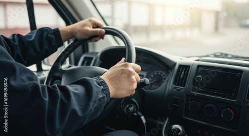 Drivers Hands on Steering Wheel Inside Vehicle.