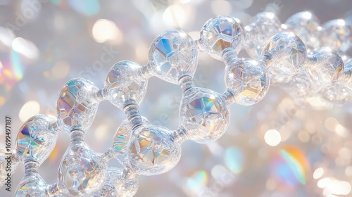 Close up of a clear molecular structure with iridescent reflections and a blurred bokeh background