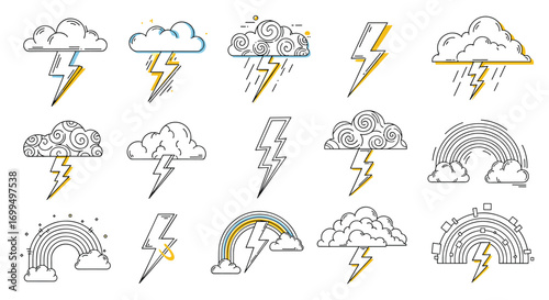 Collection of stormy weather and lightning bolt iconographic representations and illustrations