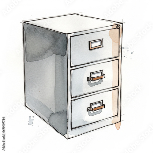 Filing cabinet, simple watercolor, hand drawn, white background