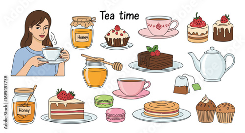 Delightful afternoon tea celebration with sweet pastries and hot beverages enjoyed by a young woman
