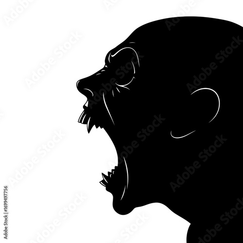 Man screaming in rage silhouette isolated on white background