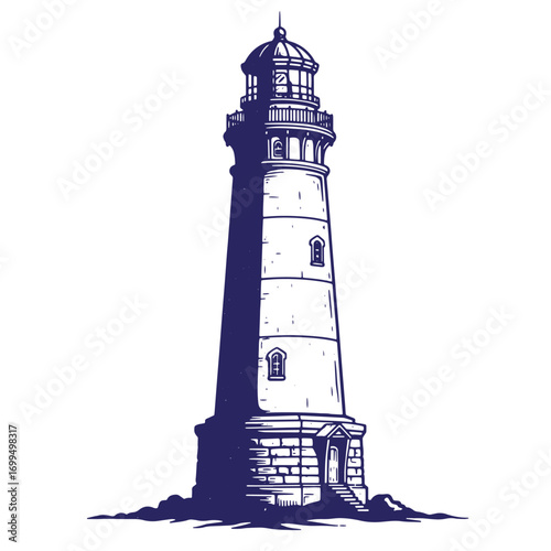 Hand drawn illustration of a tall lighthouse with artistic detail against a white background