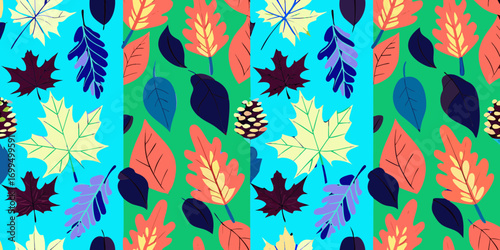 Colorful autumn leaves illustration featuring vibrant foliage seamless pattern on a bright blue background, capturing the essence of the fall season and its natural beauty