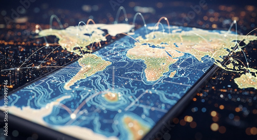A minimalist modern visualization of global network connectivity. The world map is outlined with subtle contour lines, set against a deep, hazy backdrop formed by city lights