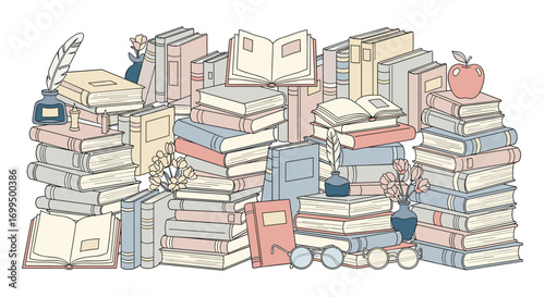 A colorful collection of stacked books ready for reading and learning