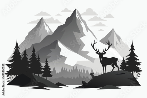 Majestic stag stands proudly on rocky outcrop with snow capped mountains and pine forest background