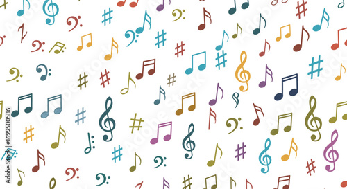 A colorful abstract background pattern featuring various musical notes and symbols in a delightful composition