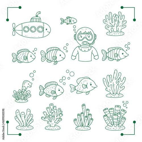 Cute Underwater Scene with Diver Submarine and Fish.