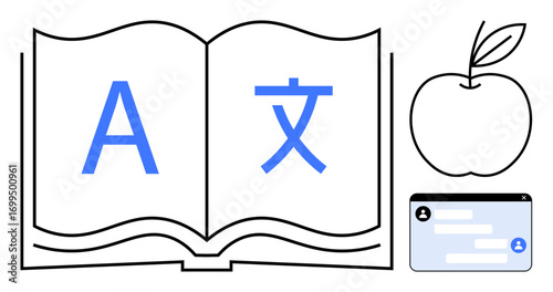 Open book featuring multilingual characters alongside apple and message window. Ideal for education, language learning, communication, translation, online tutoring, literacy, simple landing page
