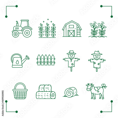 Farm icons set with tractor barn and cow illustrations.