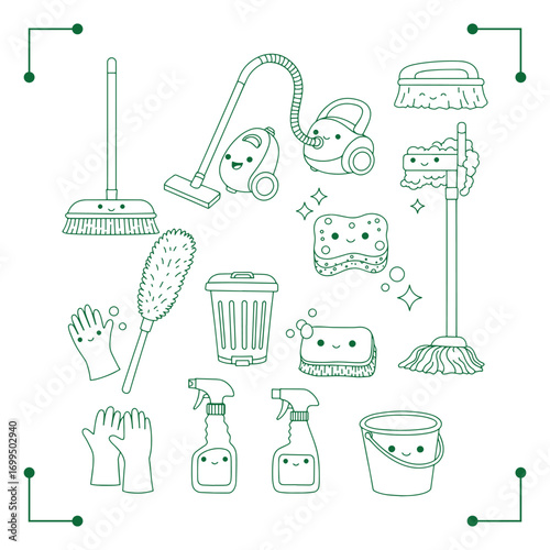 Cute cartoon cleaning supplies collection line art illustration.