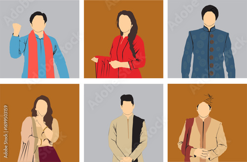 indian people in traditional ethnic festive dress vector illustration