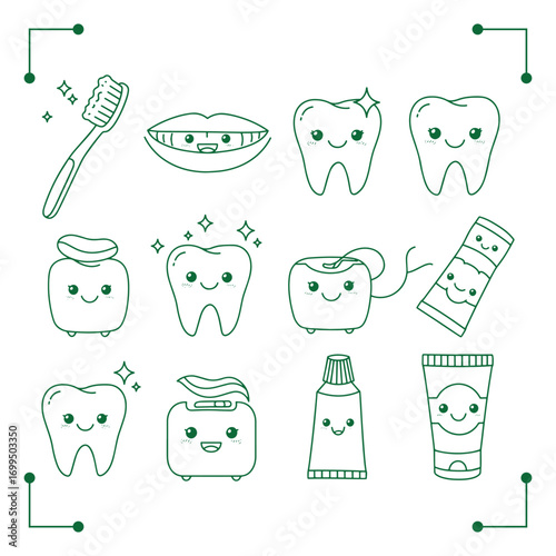 Cute Dental Hygiene Icons Set for Oral Care and Healthy Teeth.