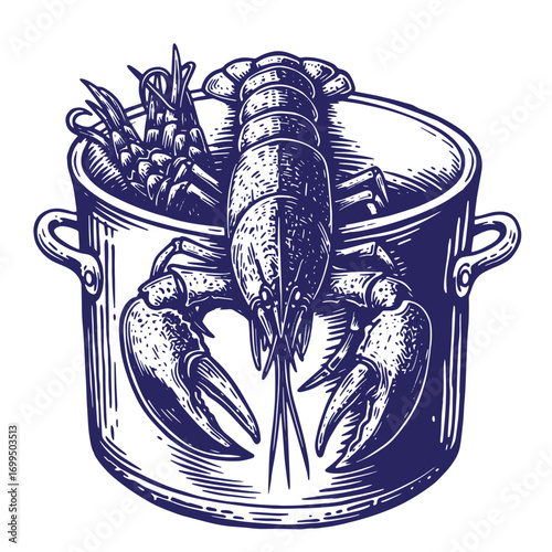 Illustrated crawfish and shrimp in a cooking pot prepared for a delicious seafood meal