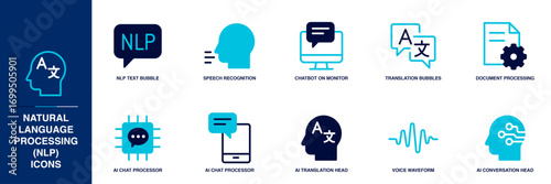 Natural Language Processing (NLP) Blue Colored Outline Icon Set