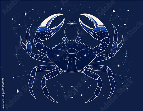 Stylized celestial crab representing the Cancer zodiac sign, shimmering with stars and constellations against a cosmic night sky background
