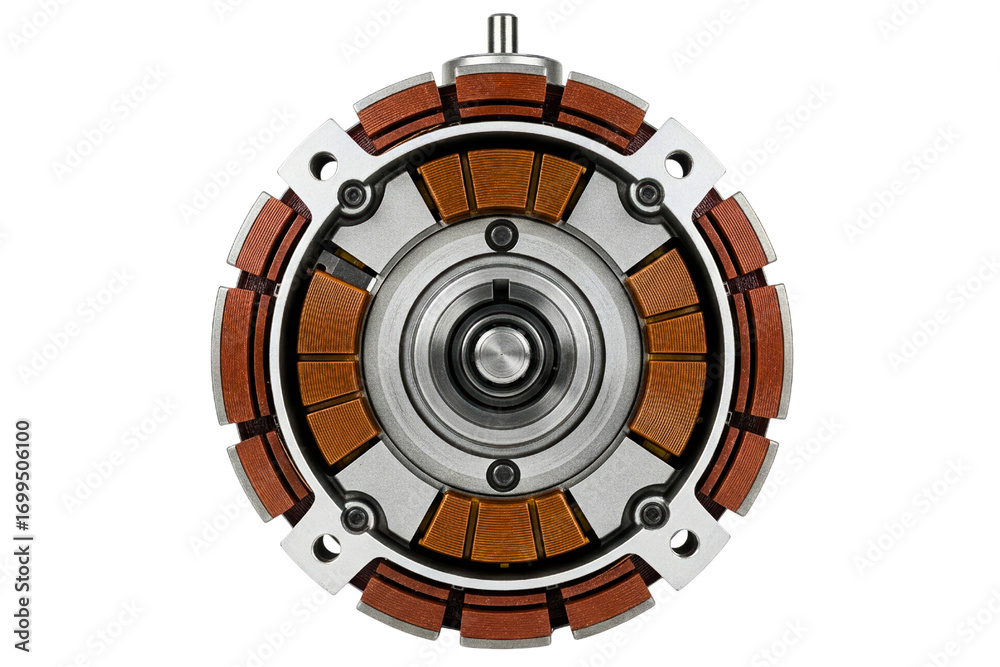 Naklejka premium Disassembled electric motor with copper coil windings inside isolated on a transparent background