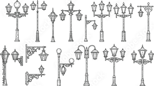 Set of vintage street lamps and lanterns, hand-drawn black and white sketches, classic outdoor lighting, ornamental lamp post designs